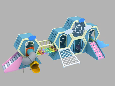 Colorful Children Playground Equipment With Blue Hexagonal Structure Slides Grid Climbing Net And Pink Steps 3d model