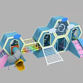 Colorful Children Playground Equipment With Blue Hexagonal Structure Slides Grid Climbing Net And Pink Steps