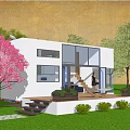 Modern Mobile House With White Exterior Large Windows And Glass Doors On Green Lawn