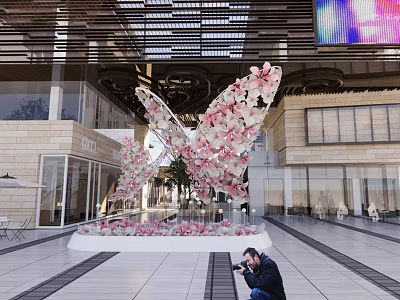 Large Pink White Butterfly Decoration In Indoor Public Space With People Taking 3d model