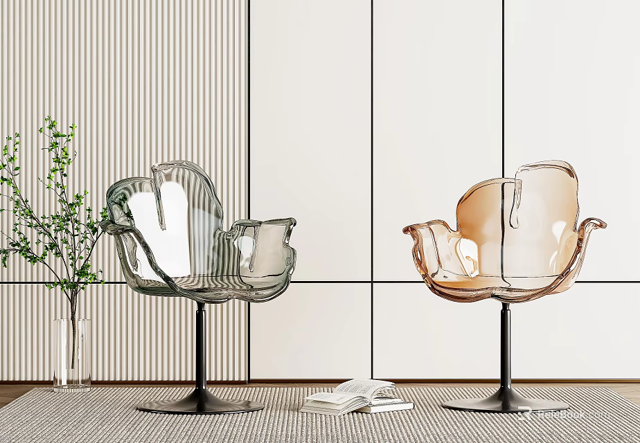 Modern Transparent Dining Chairs With Curved Design Green And Orange Colors 3d model 