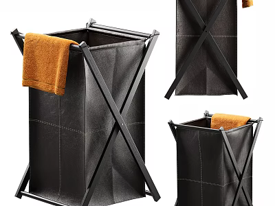 Black Modern Foldable Leather Storage Rack With Orange Towel Three Views 3d model