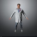 Man in White Lab Coat Lanyard Blue Jeans Gray Shoes Arms Outstretched on Gray Background
