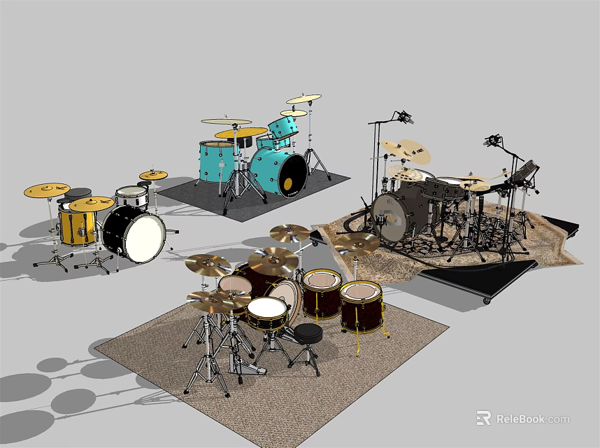 Colorful Drum Sets With Different Styles Cymbals Stands And Music Instruments 3d model 