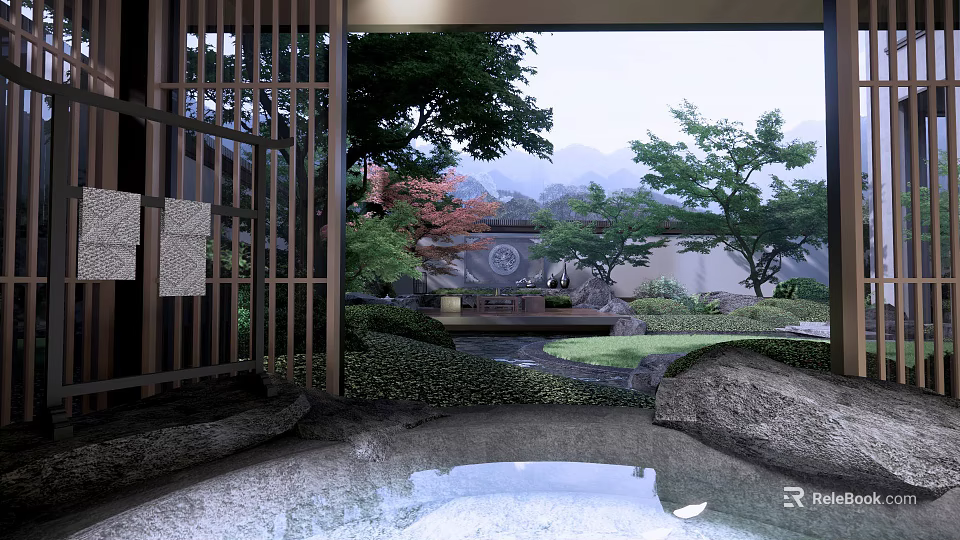 Japanese Style Garden Landscape With Wooden Lattice Gate Pond Stones And Distant Mountains 3d model 