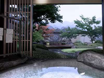 Japanese Style Garden Landscape With Wooden Lattice Gate Pond Stones And Distant Mountains 3d model