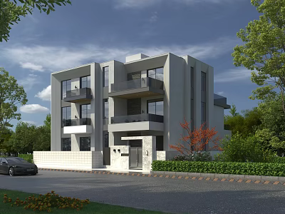 Modern Detached Villa Exterior With Large Windows Balconies and Surrounding Greenery 3d model