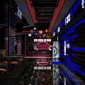 Modern Stylish Bar Interior With Neon Decor Ceiling Lights And Reflective Floor 3d model