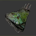 Vibrant Iguana Head with Green and Blue Scales Spikes and Orange Eyes on Dark Background