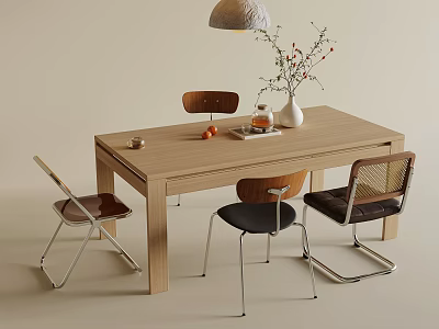 Minimalist Wooden Dining Table Set With Four Chairs Metal Legs Vase And Pendant Light 3d model