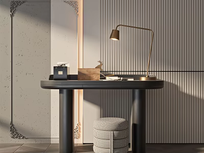 Modern Black Dressing Table With Gold Lamp Woven Stool And Decorative Wall 3d model