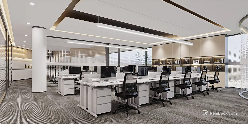 Modern Public Office Space Interior With Work Desks Computers Office Chairs And Lighting 3d model
