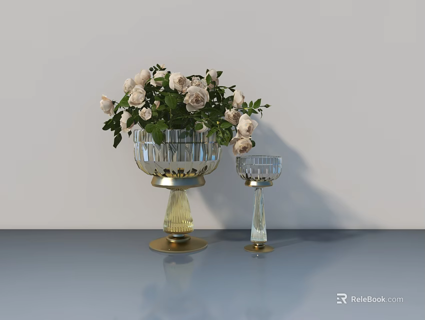 Swing Door in Modern Interior with Glass Vase Roses and Candle Holder on Gray Countertop 3d model 