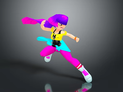 Colorful Game and Movie Character with Purple Hair Pink Streamer Yellow Top in Dynamic Pose 3d model