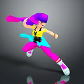 Colorful Game and Movie Character with Purple Hair Pink Streamer Yellow Top in Dynamic Pose