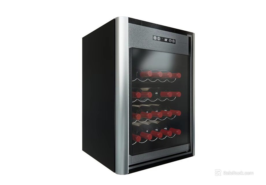 Black and Silver Wine Refrigerator with Glass Door and Multiple Shelves for Wine Bottles 3d model 