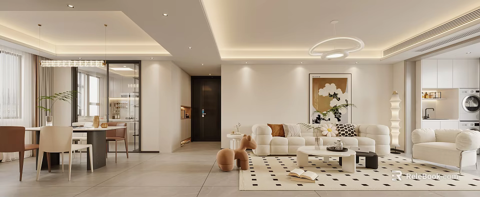 Modern Minimalist Cream Style Living And Dining Room With Cozy Ambient Lighting And Comfortable Furnishings 3d model 
