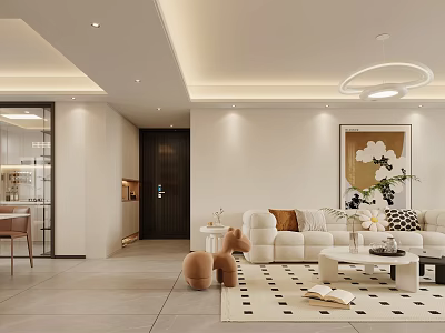 Modern Minimalist Cream Style Living And Dining Room With Cozy Ambient Lighting And Comfortable Furnishings 3d model