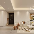 Modern Minimalist Cream Style Living And Dining Room With Cozy Ambient Lighting And Comfortable Furnishings