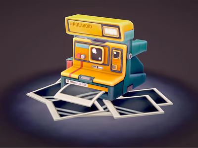 Retro Polaroid Digital Camera With Yellow Green Design And Stacked 3d model