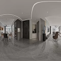 Bright Modern Minimalist Open Living Dining Room With Marble Decor Comfortable Sofa And Panoramic Window