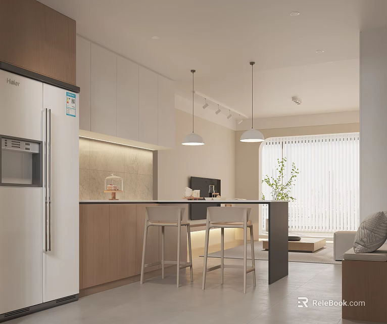 Modern Kitchen and Dining Area Interior With Island Counter Bar Stools Pendant Lights and Cabinets 3d model 