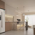Modern Kitchen and Dining Area Interior With Island Counter Bar Stools Pendant Lights and Cabinets