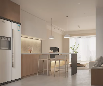 Modern Kitchen and Dining Area Interior With Island Counter Bar Stools Pendant Lights and Cabinets 3d model