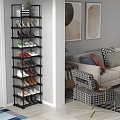 Narrow Black Modern Tall Shoe Rack With Multiple Tiers Holding High Heels Sneakers Leather Shoes