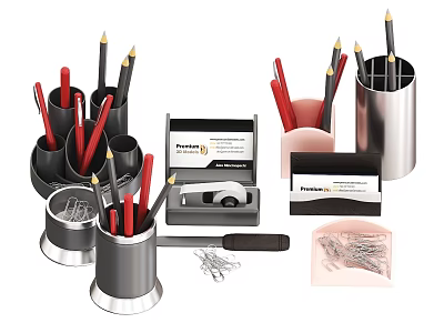 Modern Office Stationery Set With Metal Pen Holders Paper Clips Tape And Business Cards 3d model