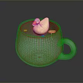 Cute Yellow Duck Toy in Gray Mug with Green Lily Pads on Water