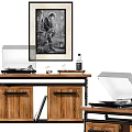 Vintage Audio Turntable System On Wooden Cabinet With Framed Artwork And Vinyl Records