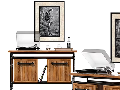 Vintage Audio Turntable System On Wooden Cabinet With Framed Artwork And Vinyl Records 3d model