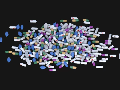 Pharmacy Assorted Colorful Tablets And Capsules Scattered On Black Background 3d model