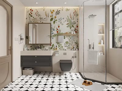 Bathroom Interior With Floral Wallpaper Black White Geometric Tiles Glass Shower And Vanity 3d model