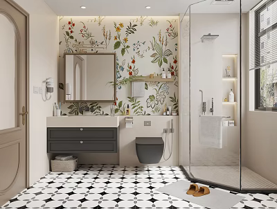 Bathroom Interior With Floral Wallpaper Black White Geometric Tiles Glass Shower And Vanity 3d model