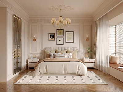 Elegant Modern Bedroom Interior With Bedside Tables Chandelier Framed Artworks And Patterned Rug 3d model