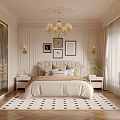 Elegant Modern Bedroom Interior With Bedside Tables Chandelier Framed Artworks And Patterned Rug