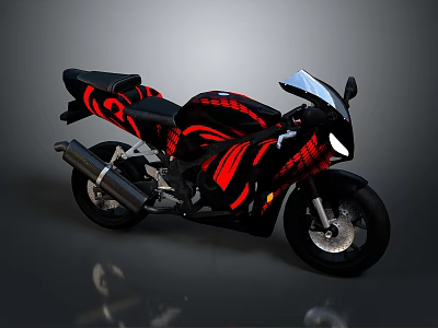 Black Sport Motorcycle With Red Flame Graphics And Modern Headlight Design 3d model