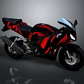 Black Sport Motorcycle With Red Flame Graphics And Modern Headlight Design