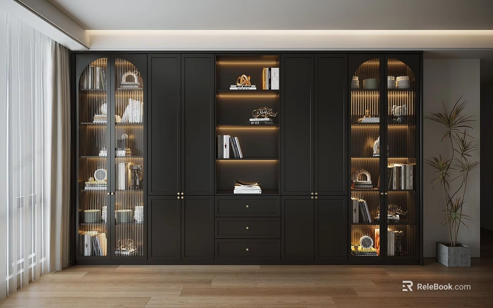 Modern Dark Bookcase With Glass Doors Multiple Shelves Built-in Lighting And Decorative Items 3d model 