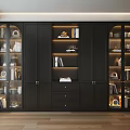 Modern Dark Bookcase With Glass Doors Multiple Shelves Built-in Lighting And Decorative Items
