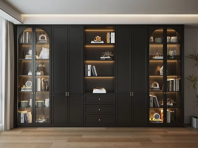 Modern Dark Bookcase With Glass Doors Multiple Shelves Built-in Lighting And Decorative Items 3d model