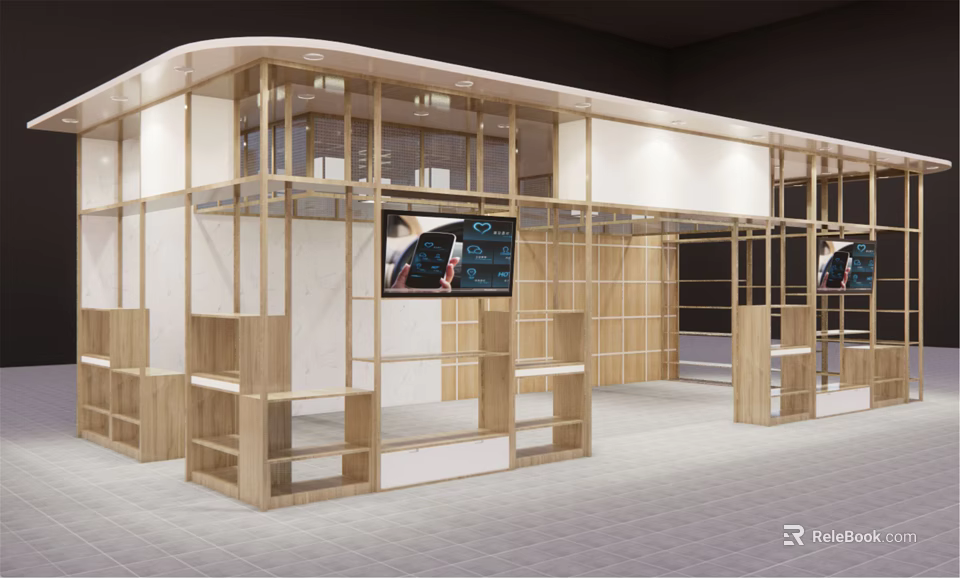 Wooden Frame Exhibition Booth With Open Structure Shelves And Screen 3d model 