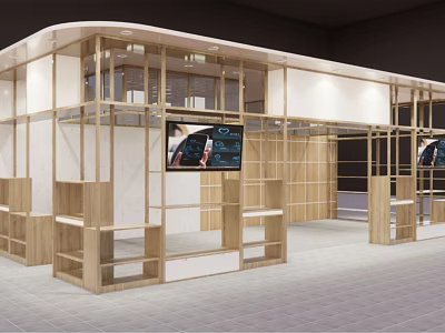 Wooden Frame Exhibition Booth With Open Structure Shelves And Screen 3d model