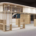 Wooden Frame Exhibition Booth With Open Structure Shelves And Screen 3d model