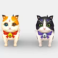 Two Cute Orange White and Black White Cats With Red Purple Bells And Colorful Patterns