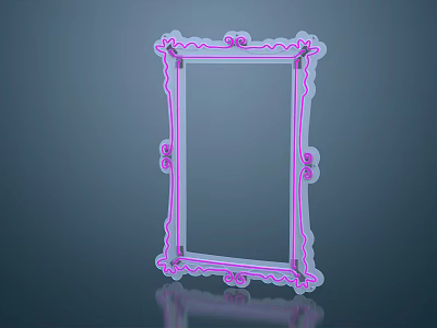 Pink Neon Picture Frame With Decorative Patterns Against Dark Blue Background And Reflection 3d model