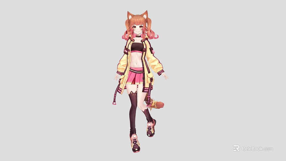 Anime Woman Dressed In Yellow Jacket Pink Skirt With Cat Ears Tail And Black Stockings 3d model 