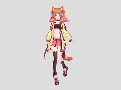 Anime Woman Dressed In Yellow Jacket Pink Skirt With Cat Ears Tail And Black Stockings 3d model